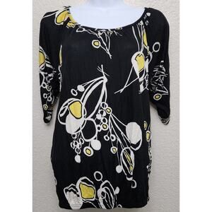 Eight Sixty Black White Yellow Geo Print Top XS Short Split Sleeves Lightweight
